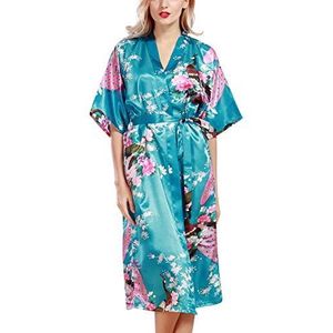 YAOMEI Badjas voor dames, kimono, badjas, zijdezachte satijnen badjas met pauw en bloesems, badjas, bruidsmeisje, nachtkleding, pyjama, lange lengte, Lakeblue, 3XL