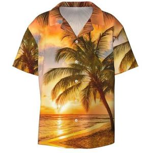 Tropisch strand palmboom zonsondergang print heren button down shirt korte mouw casual shirt voor mannen zomer business casual overhemd, Zwart, XXL