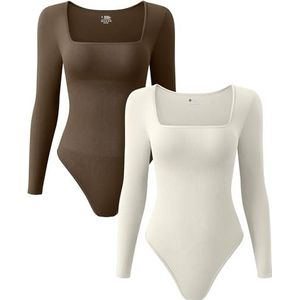 Sexy bodysuit met lange mouwen en vierkante hals voor dames, set van 2, geribbeld modellerend ondergoed met buikcontrole voor een slanke taille,Coffee Beige-M