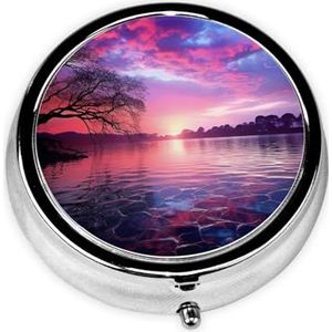 Pillendoosje Ronde pillendoos met 3 compartimenten pillendoos organiseert paarse zonsondergang op water pillendoos kleine pillenorganizer waterdichte kleine pillendoos voor op reis pillencontainers