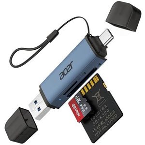 acer SD Kaartlezer, Dubbele USB 3.0 en USB C naar Micro SD-Kaartadapter, aluminium OTG-adapter Geheugenkaartlezer voor SD/Micro SD/TF/SDHC/SDXC, iPhone 15-16/Android/Windows/macOS enz.-Blauw
