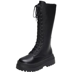 Dames Pu kniehoge laarzen Dames veterschoenen met dikke zool-Black||39