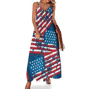 Verontruste Grunge USA vlag dames zomer maxi-jurk V-hals mouwloze spaghettiband lange jurk