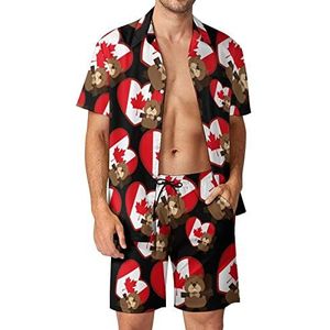 Canada Heart Marmot Hawaiiaanse sets voor heren, 2 stuks, losse pasvorm, shirts en shorts met korte mouwen, strandoutfits, L