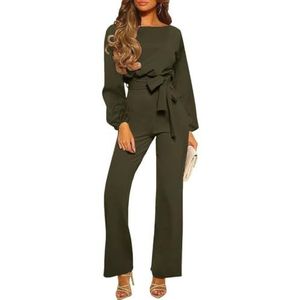 KWISUAWHGA Jumpsuits Met Lange Mouwen voor Vrouwen Casual Eendelige Outfit Ronde Hals Hoge Taille Trendy Wijde Pijpen Rompertjes met Riem,Groen,L
