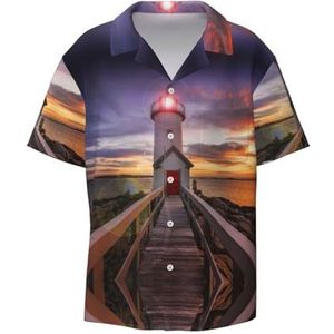 TyEdee Lighthouse Print Overhemden met korte mouwen voor heren, met zak, casual overhemd met knopen, zakelijk overhemd, Zwart, M