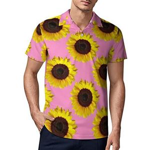 Zonnebloemen op roze heren golf poloshirt zomer korte mouw T-shirt casual sneldrogende T-shirts 2XL