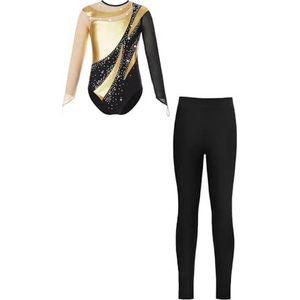 NUOYIXUAN Gymnastiekjumpsuit met lange mouwen en leggings, balletdanspakjes, danskledingsets, strass schaatsen bodysuit voor meisjes, Goud, 16