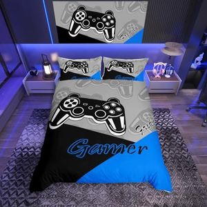 Gamer dekbedovertrek set voor jongens tieners spel beddengoed set, videogame thuisspeler gaming beddengoed en linnen set kinderen peuter 3-delig zwart blauw grijs (Tweepersoons)