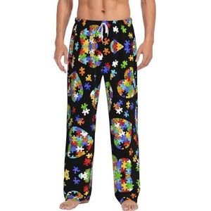 Autisme Bewustzijn Puzzel Stukken Hart Mannen Pyjama Broek,Pyjama Polyester Broek Voor Mannen Zachte Lange Lounge Pj Slaap Broek Met Zakken, Wit, S