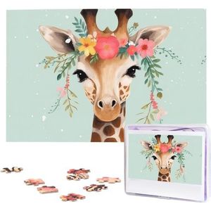 Giraf met bloemenpuzzels, 1000 stukjes, gepersonaliseerde legpuzzels, houten fotopuzzel, voor volwassenen, familie, foto, puzzelgeschenken voor bruiloft, verjaardag, Valentijnsdaggeschenken (74,9 x 50