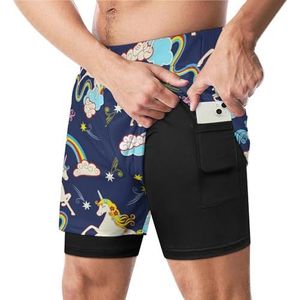 Eenhoorn Fantasy Regenboog Grappige Zwembroek met Compressie Liner & Pocket Voor Mannen Board Zwemmen Sport Shorts