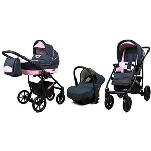 BabyLux Largo 3 in 1 Baby Reis Systeem Kinderwagen Autostoel Afneembare Regenhoes Voetenzak Dragende Wielen Pasgeborene tot Baby Grey Light Pink Black Frame