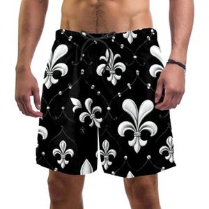PAFEFO Fleur De Lis Mini Silver White Board Shorts voor heren, sneldrogend, strand, zwemmen, sportpakken met zakken, Mini Zilver Wit Fleur De Lis, L