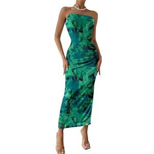 Damesjurken Bloemenprint Hoge taille Split Zomer Mouwloos Bandeau Bodycon Pullover Lange jurken (Color : Emerald green, 32-33, 3435, 36-37, 38-39, 40-41, 42-43, 44-45, 46-47 : M)