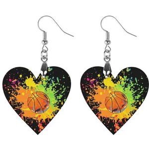 Verf Splash Basketbal Leuke Hartvormige Hanger Oorbellen Voor Vrouwen Lichtgewicht Houten Oorbellen Mode-sieraden Geschenken
