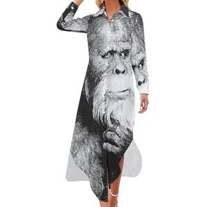 Bigfoot Sasquatch Maxi-jurk voor dames, lange mouwen, knoopsluiting, casual feestjurk, lange jurk, L
