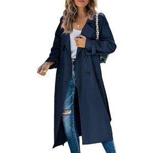 LAZIRO Trenchcoat voor dames, herfst en winter, effen kleur, lange mouwen, revers, ongedwongen, elegante jas met zakken en dubbele knopen, Donkerblauw, S
