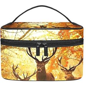 Jacht herten in herfst bos patroon make-up organizer tas, reizen make-up tas organizer case draagbare cosmetische tas voor vrouwen en meisjes toiletartikelen, Meerkleurig, 22.5x15x13.8cm/8.9x5.9x5.4in