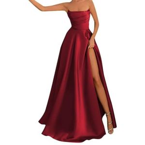 BRIGOW Satijnen bruidsmeisjesjurk voor bruiloft met split mouwloze galajurken plooien cocktailjurk grote maten, Bordeaux, 32