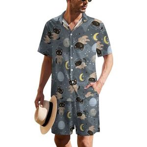 Leuke katten astronauten heren Hawaiiaanse pak set 2-delig strand outfit korte mouw shirt en shorts bijpassende set