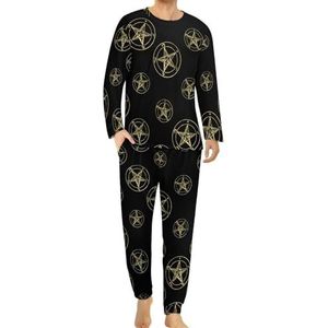 Gold Baphomet Omgekeerde Pentakel Tinnen Satanische Geit Comfortabele Heren Pyjama Set Ronde Hals Lange Mouw Loungewear met Zakken 5XL