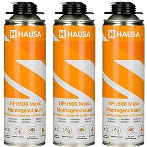 HAUSA Montageschuim HPU500 Maxx 3 x 500 ml grijs B2 pistoolschuim voor vullen, isoleren en afdichten, extreem hoge opbrengst, uitstekende isolatie- en isolatieeigenschappen, bouwschuim voor