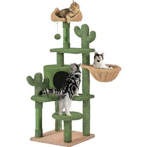 Yaheetech Cactus krabpaal, 135 cm hoog, stabiele kattenboom, kattenkrabpaal met uitkijkplatform, kattenmand, ligkom, sisalstammen, pluche bal, groen-bruin
