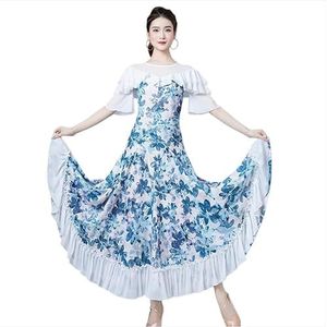 Yhsgscr Ballroom Performance Kleding met ronde hals Dames flamenco foxtrot grote swing rok Moderne dansjurken met ruches Tango danskleding Zacht ademend,Wit,L