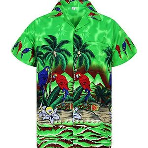 V.H.O. Funky Hawaii hemd voor heren, korte mouwen, borstzak, Hawaii-print met papegaai strand, bloemen, palmen., Parrot groen, L