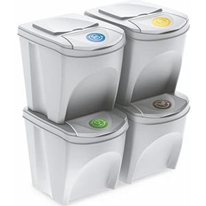 Sortibox Afvalemmer met deksel, 25 liter, set van 4, wit, stapelbaar afvalscheidingssysteem, afvalsorteerder, scheidingssemanden, stapelbaar met klep