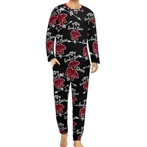 Rode Plaid Buffalo Auntie Bear heren pyjama set lounge wear lange mouw top en onderkant 2 stuk nachtkleding