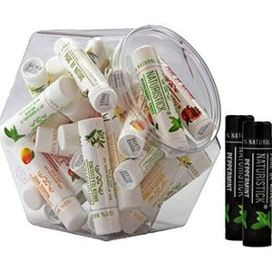 Naturistick Set van 32 losse lippenbalsem met verschillende smaken. 100% natuurlijke ingrediënten. Inclusief mini-vispot. Beste bijenwas lippenbalsem voor droge lippen