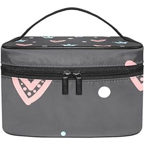 Make-up Organizer Bag, Reizen Make-up Tas Organizer Case Draagbare Cosmetische Tas voor Vrouwen en Meisjes Toiletartikelen Prinses Kroon Grijs Hart, Meerkleurig, 22.5x15x13.8cm/8.9x5.9x5.4in