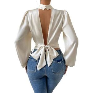 dames topjes Crop blouse zonder rug met strik en lantaarnmouwen - Beige, elegant, lange mouwen, opstaande kraag, uitsnede, normale pasvorm (Color : Beige, Size : L)