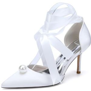 KYEGLO Satijnen Sandalen Met Gesloten Teen En Grote Parel, Damesschoenen Met Spitse Neus En Hoge Hakken, Ideaal Voor Bruiloften, Schoolfeesten En Bruiloftsfeesten,Wit,36