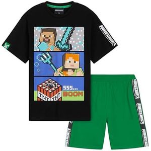 Minecraft Korte pyjamaset voor jongens, comfortabele katoenen loungekleding - cadeaus voor gamers (Zwart/Groen, 9-10 Jaar)