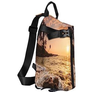 Sling Rugzak Borst Tas Kleurrijke Succulent Anti Diefstal Crossbody Schoudertas Dagrugzak Outdoor Sport Reizen Wandelen voor Mannen Vrouwen, Strand Zonsondergang, Crossbody Backpack