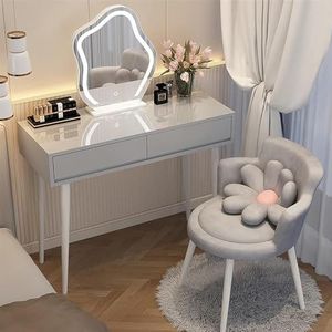EdNey Kaptafel set, voor slaapkamer kleedkamer, met 3-kleuren dimbare verlichte spiegel, met comfortabele make-up kruk, met lade (kleur: grijs, maat: L-100 cm)