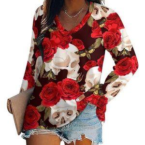 Skulls And Red Roses Casual T-shirts met lange mouwen voor dames, V-hals, bedrukte grafische blouses, T-tops, M