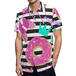 Donut Flamingo's Mopshond Streep Heren Korte Mouw Shirts Casual Button-down Tops T-shirts Hawaiiaanse Strand Tees 2XL