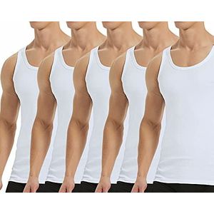 Falechay Onderhemd Heren Tanktop 5-Pack 100% Katoen Fijne Rib Mouwloos Spier Shirt Sport Vesten Wit L