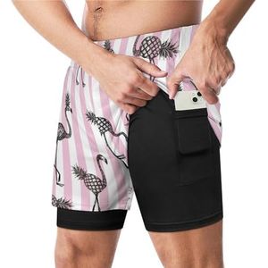 Flamingo En Ananas Gestreepte Roze Grappige Zwembroek Met Compressie Liner & Pocket Voor Mannen Board Zwemmen Sport Shorts