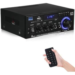 AK45 Hifi-versterker, mini-stereo, bluetooth radio, audio-versterker, ontvanger, 12 V/240 V, 2,0 kanalen, 40 W x 2 digitale eindversterker met FM-radio, afstandsbediening, SD/USB-ingang, MIC, BT