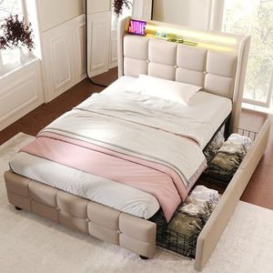 Aunvla Gestoffeerd bed met opladen, USB-oplaadfunctie, hoofdeinde en ledverlichting en 2 laden, eenpersoonsbed, 90 x 200 cm, bedframe, lattenbodem van hout, beige (zonder matras)
