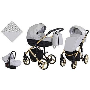 KUNERT Kinderwagen TIARO PREMIUM sportwagen babywagen autostoel babyzitje complete set kinderwagen set 3 in 1 (grijs, framekleur: goud, 3-in-1)