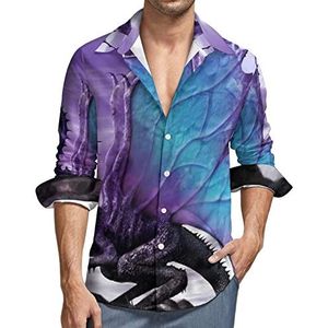 Paarse Draak Casual Heren Shirts Lange Mouw met Zak Hawaiiaans Shirt Vakantie 3XL