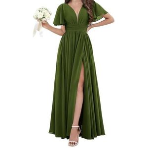 Chiffon bruidsmeisjesjurken voor dames, voor bruiloft, met split, avondgalajurken, cocktailjurken, grote maten, Olijfgroen, 32
