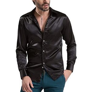 Mannen Luxe Glanzende Zijde Zoals Satijn Lange Mouwen Jurk Shirts Voor Party Prom Mannen Paisley Shirt Pure Kleur Zijden Shirts Voor Mannen Jurk Shirts Lange Mouw Knop Casual Kostuums Uitvoeren Jurk Shirts, G-zwart, 3XL