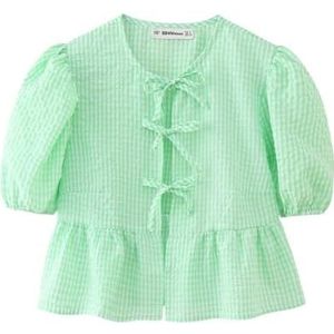 Vrouwen Tie Front Tops Puff Sleeve Babydoll Shirts Y2K Leuke Ruffle Peplum Uitgaan Top Blouse Trendy Kleding (Color : Light green C, Size : Medium)